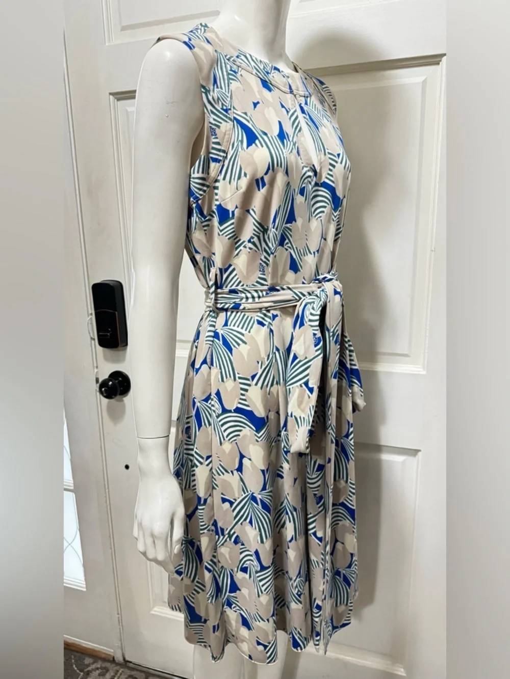 Tory Burch Blue & Beige Tulip Floral Maxi Dress with Self-Tie Waist Size Large